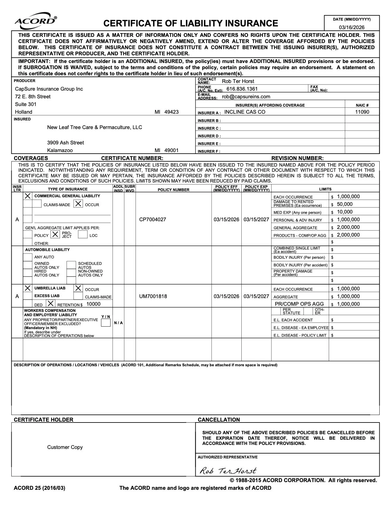 Insurance certificate for New Leaf Tree Care & Permaculture, LLC, issued by CapSure Insurance Group Inc., covering commercial general liability and umbrella liability, with policy numbers CP7004027 and UM7001818, effective from March 15, 2026, to March 15, 2027, signed by Rob Ter Horst.