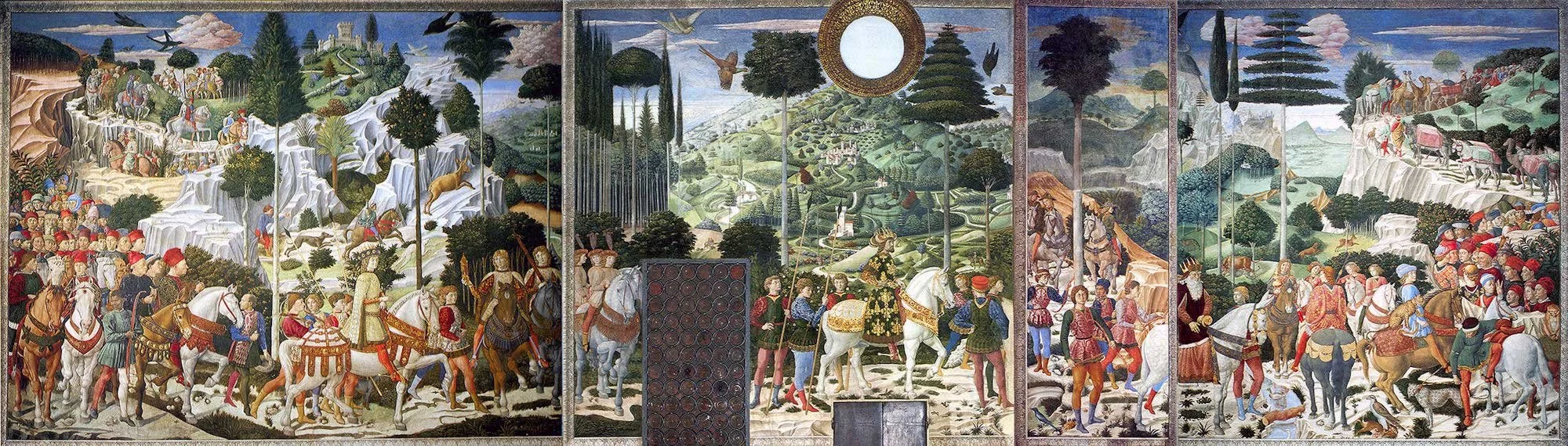 Benozzo Gozzoli Cappella dei Magi 1459 — Sequenza delle tre pareti con il Corteo dei Magi — Affresco.
