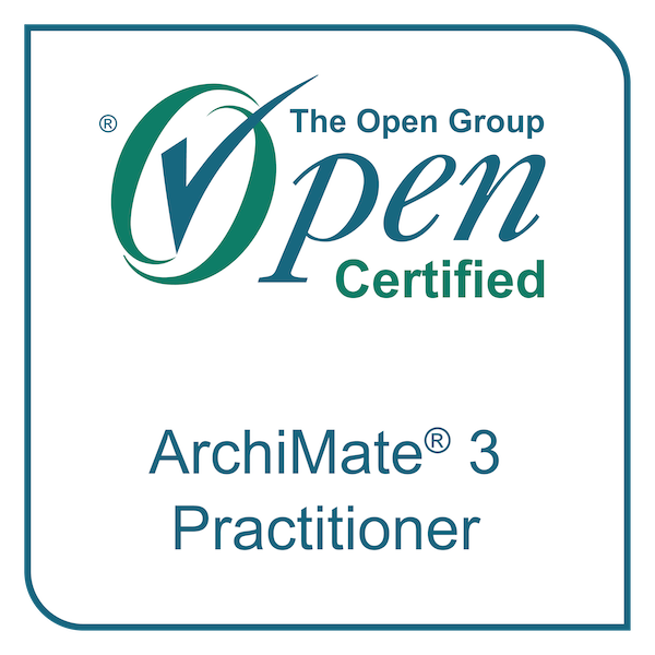 Certification badge for ArchiMate 3 Practitioner from The Open Group, labeled as 'Open Certified'.
