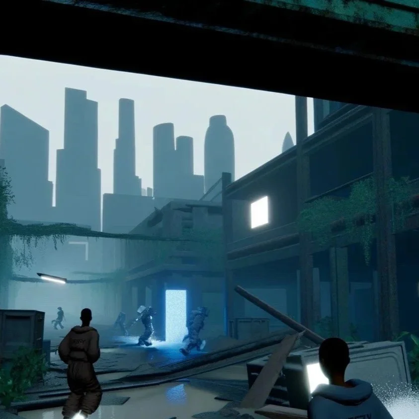 A dystopian city street scene with broken infrastructure, overgrown plants, and a flooded area. Two figures with hoodies labeled "YEEZY" observe as armed soldiers in futuristic armor move through the debris, with bright city skyscrapers visible in th
