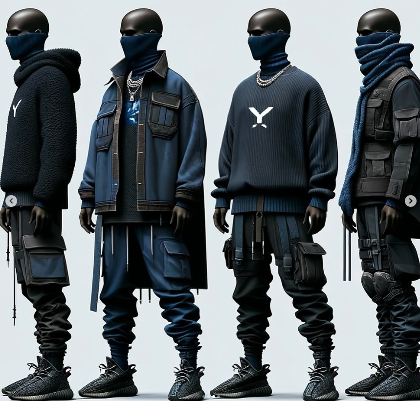 Four mannequins dressed in black and blue streetwear with face coverings, hats, and tactical accessories, standing against a neutral background.