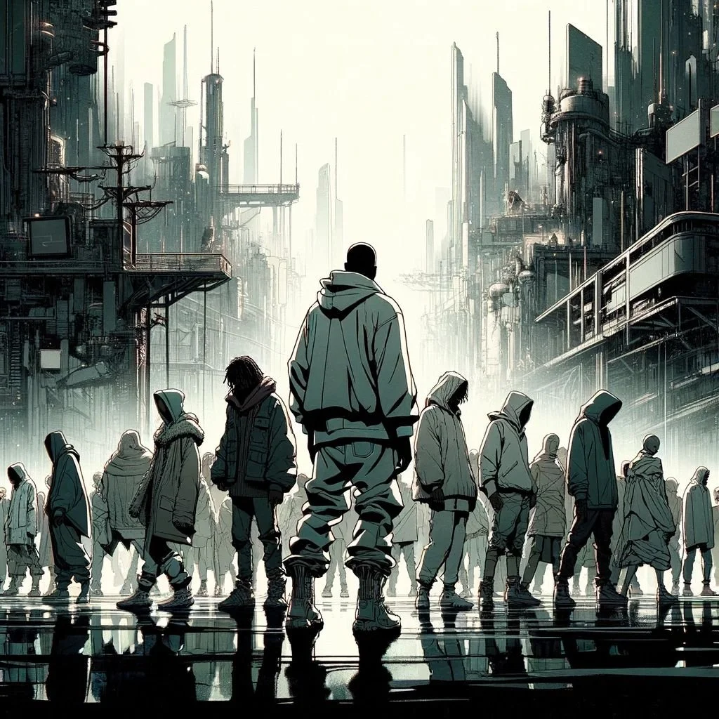 A digital artwork depicting a futuristic cityscape with tall, sleek skyscrapers, and a group of people wearing hooded jackets and casual clothing walking in the midst of a reflective surface, creating a moody, dystopian atmosphere.