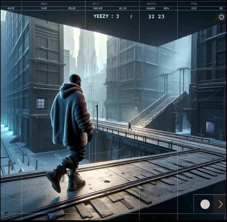 A person wearing a hoodie and boots standing on a railway track in a futuristic cityscape with tall buildings and fog, looking out over the scene.
