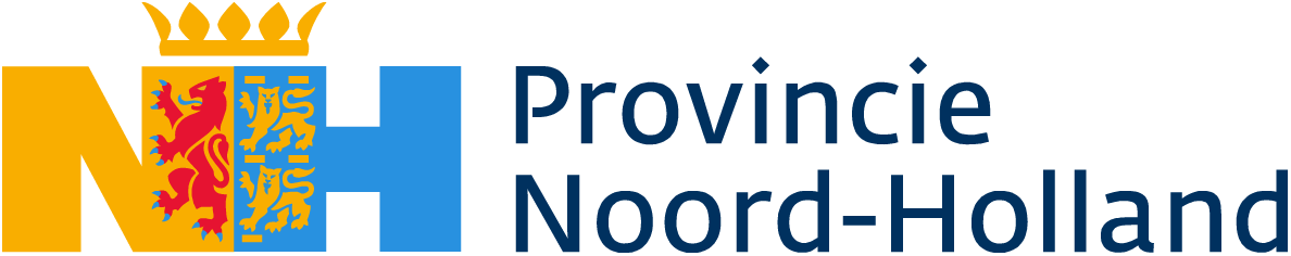 Logo for Noord-Holland province featuring a red lion and blue lion on a shield, with a crown on top, alongside the text 'Provincie Noord-Holland'.