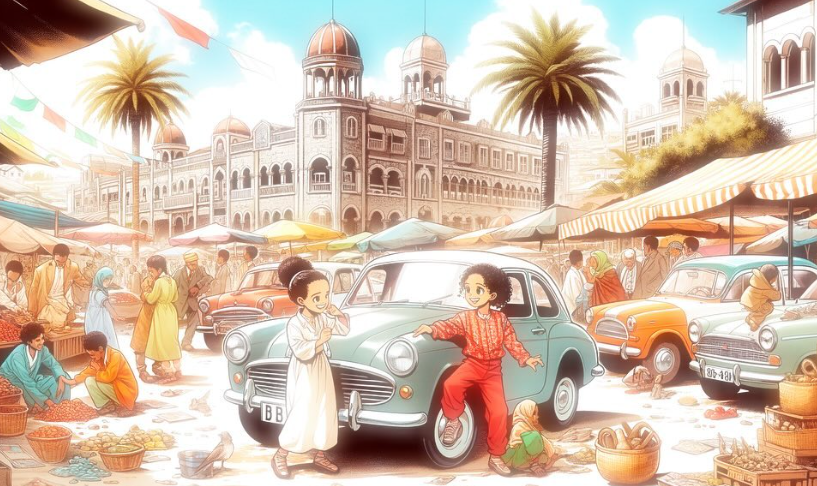 A vibrant street market scene with people shopping and socializing, vintage cars parked along the road, and a historic building with domes and palm trees in the background.