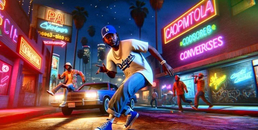 A man in casual clothing and a baseball cap dancing on a neon-lit street, with other people, a vintage blue car, and colorful signs in the background.