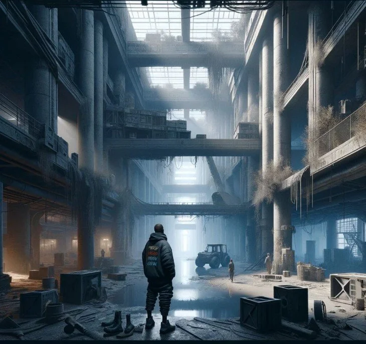 A post-apocalyptic indoor industrial space with a man in a hoodie, debris, and abandoned machinery.