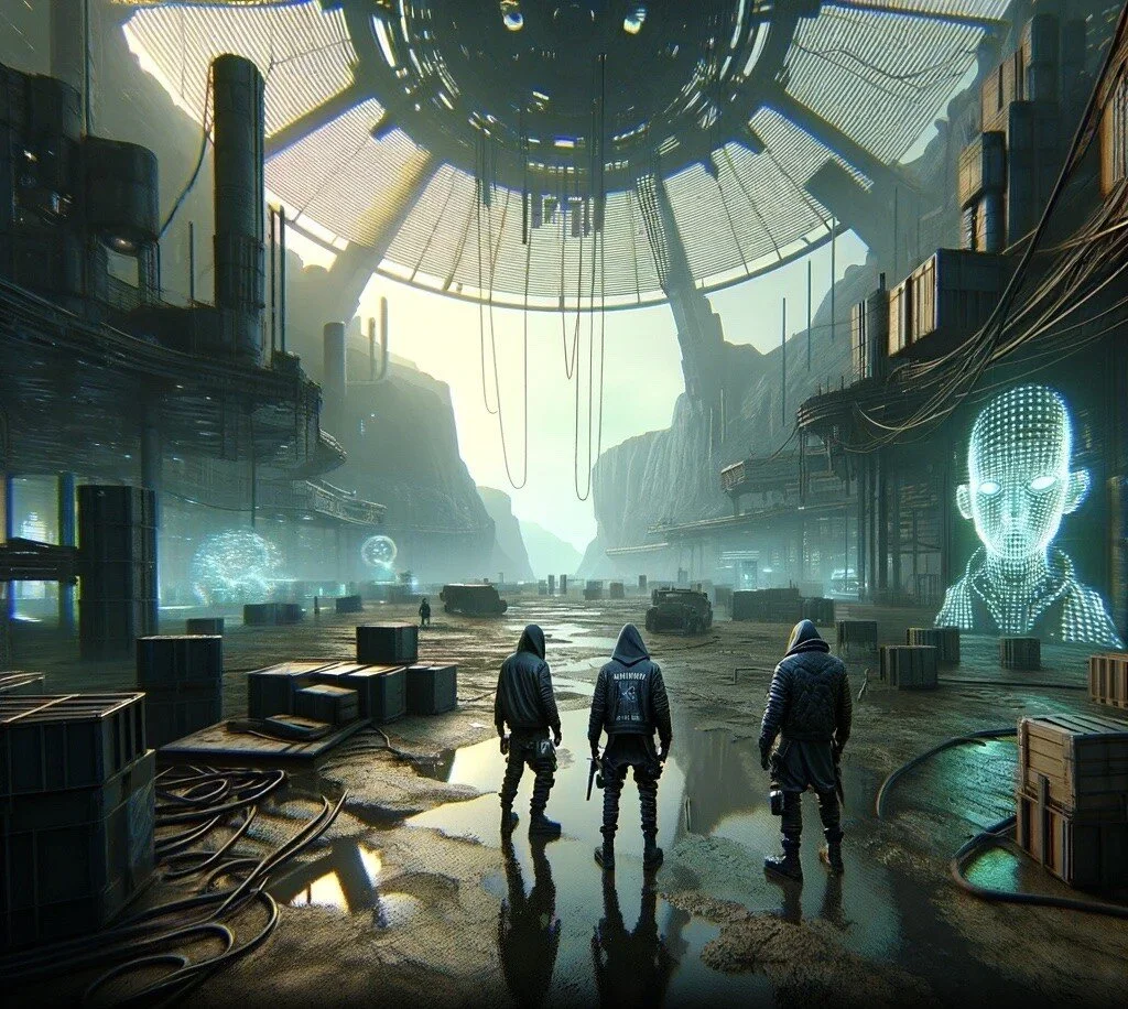 Futuristic cityscape with three people walking through a wet, muddy area, surrounded by crates and cables, with holographic displays and a massive circular structure overhead.
