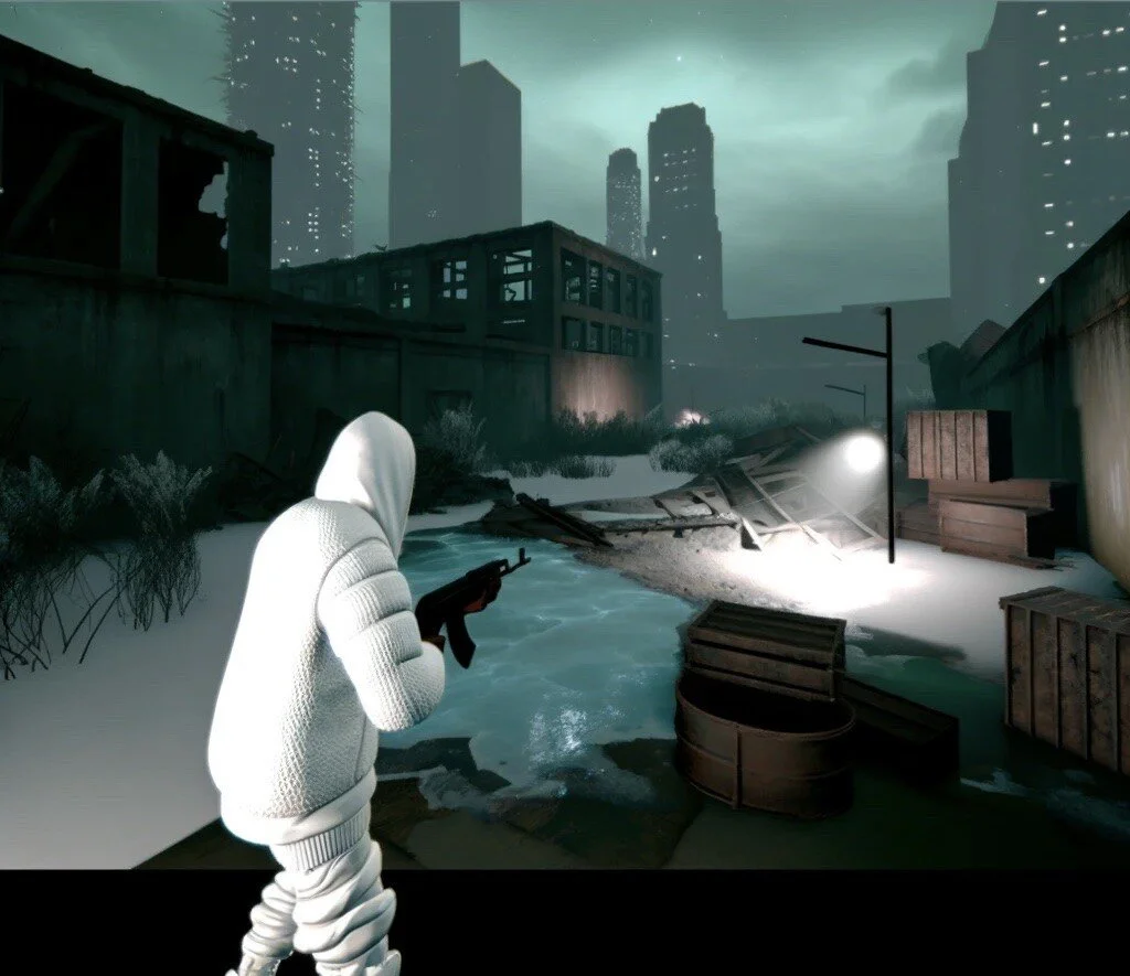 A video game scene showing a character in white clothing holding a gun, navigating a post-apocalyptic, flooded urban environment with abandoned buildings, debris, and city skyscrapers in the background under a gloomy sky.