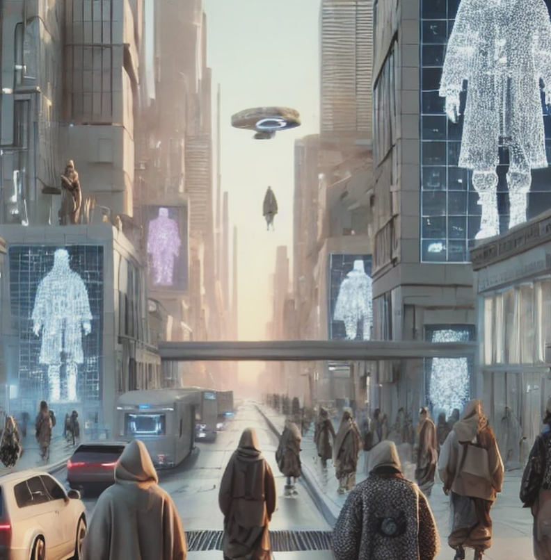 A futuristic city street with holographic advertisements, flying vehicles, and people wearing coats and hoods.