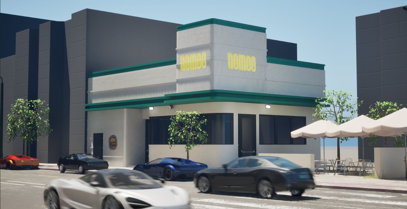 An animated scene of a building labeled 'Nomad' with several cars parked and driving by in an urban area, with outdoor seating and umbrellas.