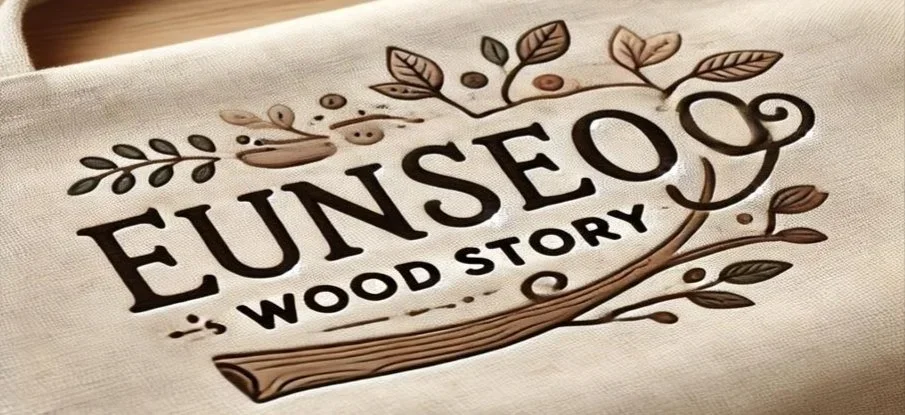 Close-up of fabric with a printed design that says "EUNSEO'S WOOD STORY" surrounded by illustrated leaves and a stylized wooden branch.