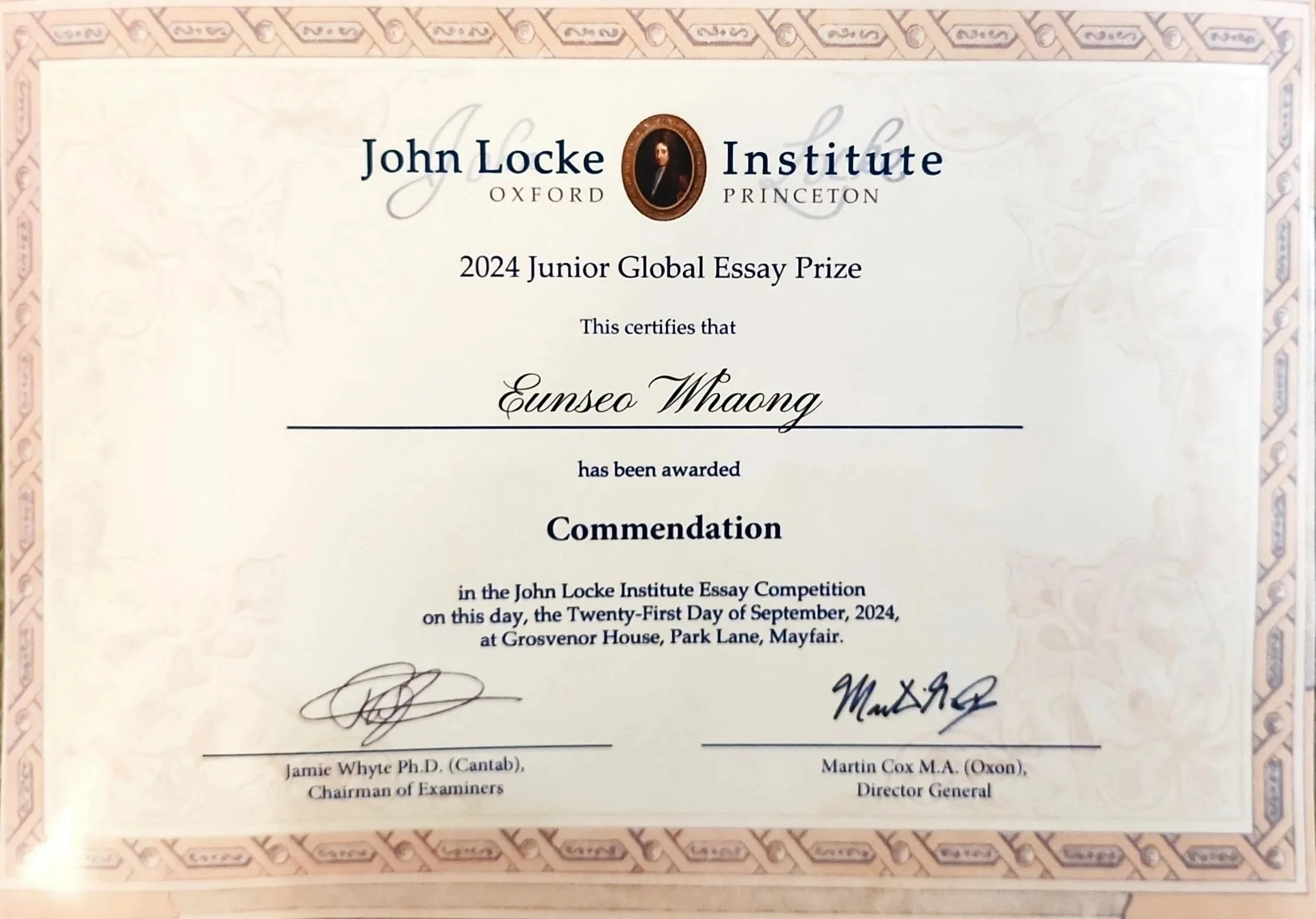 Certificate from the John Locke Institute awarded to Eunseo Hwaong for the 2024 Junior Global Essay Prize, presented at Grosvenor House, Park Lane, Mayfair, dated September 21, 2024.