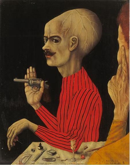 Painting of a man with a shaved head and mustache, wearing a red and black striped shirt, holding a gun near his head, with a hand near his face and various objects on a table in front of him.