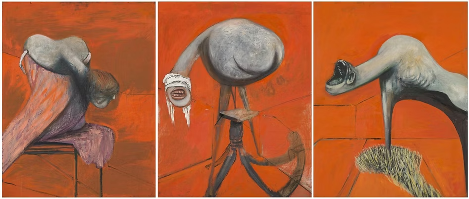 Triptych painting featuring surreal, abstract sculptures with exaggerated features, set against a red background.