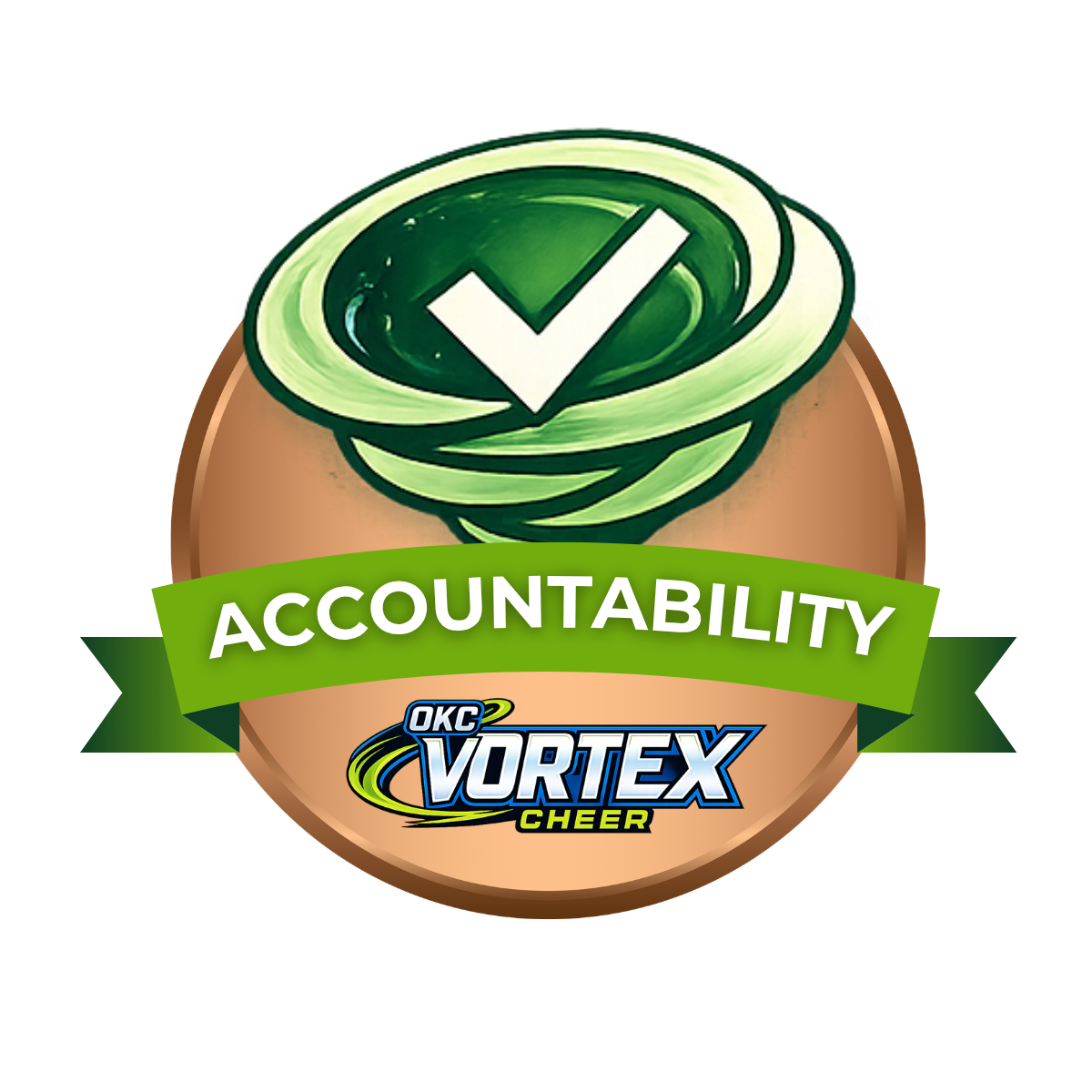Badge with a green swirl and checkmark, green ribbon with the word 'Accountability', OKC Vortex Cheer logo.