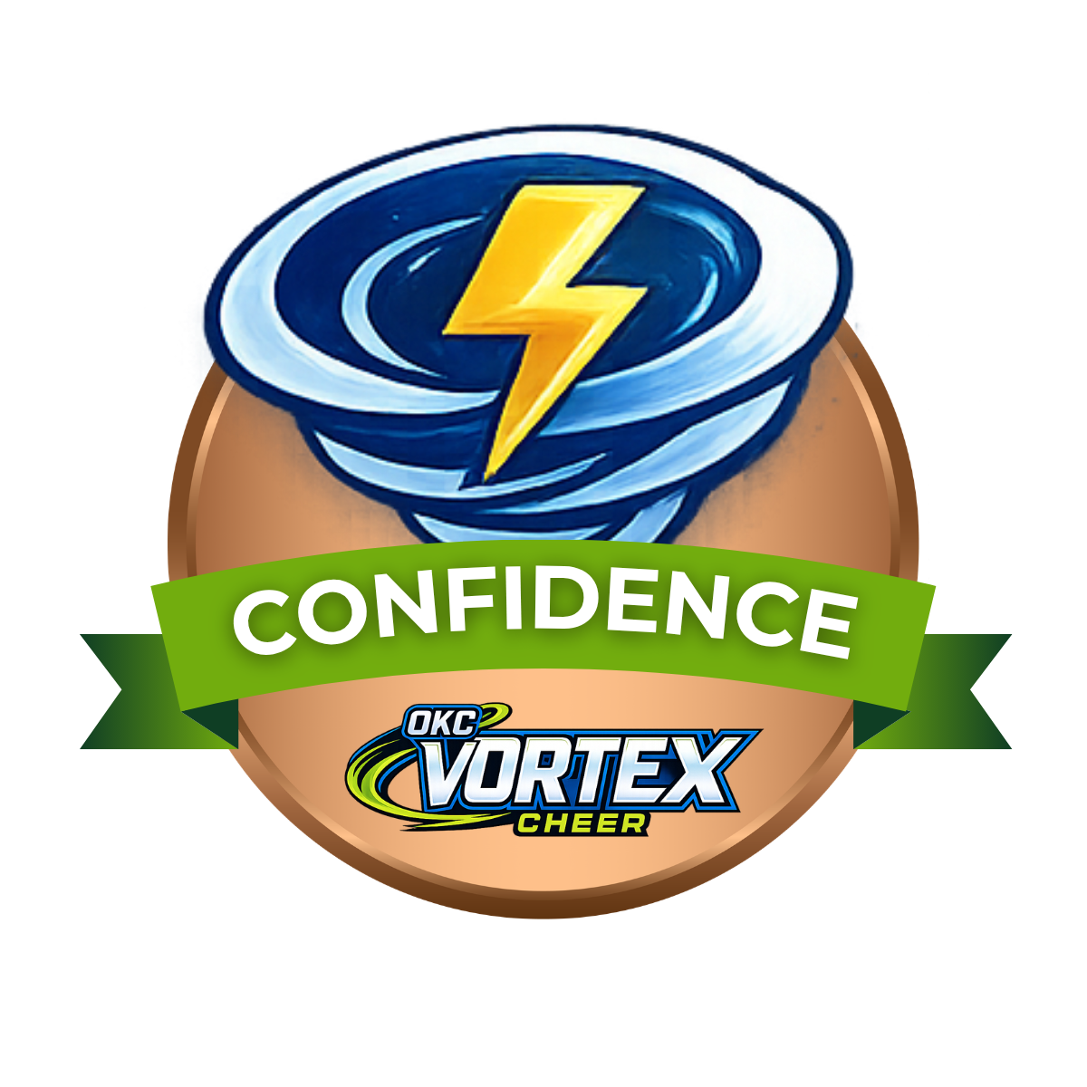 OKC Vortex Cheer logo with a whirlpool symbol and a yellow lightning bolt, the word 'Confidence' on a green banner.