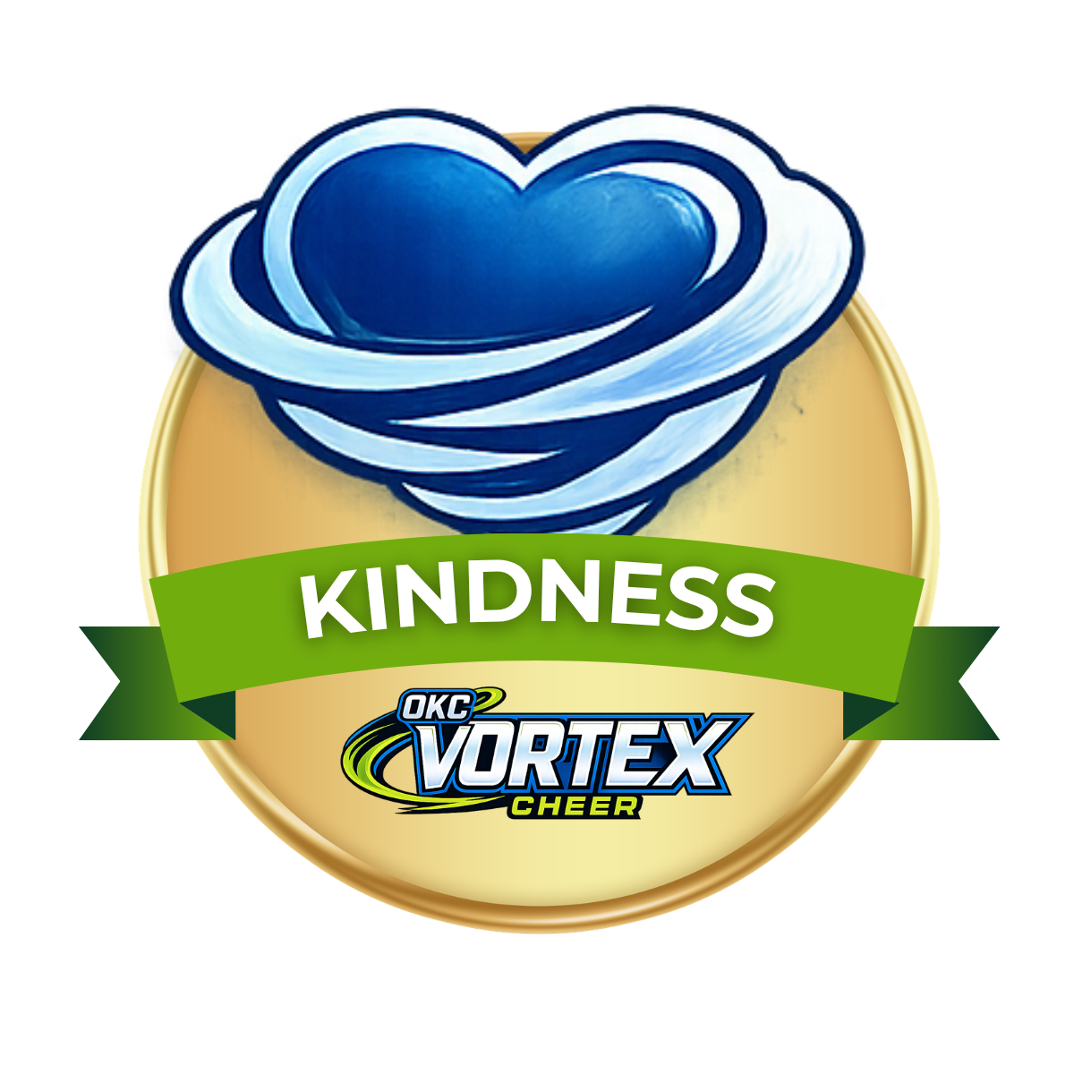 Kami Badge for kindness featuring a blue tornado symbol and the OKC Vortex Cheer logo.