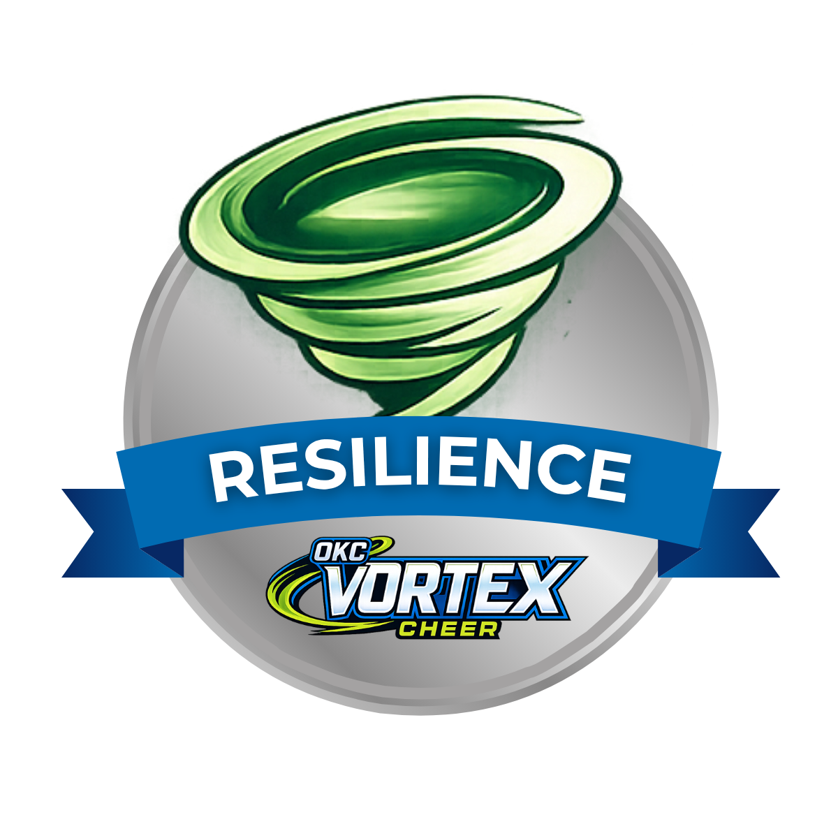 Cheerleading mini pom-poms with an Oklahoma City Vortex Cheer badge, labeled 'Resilience'.