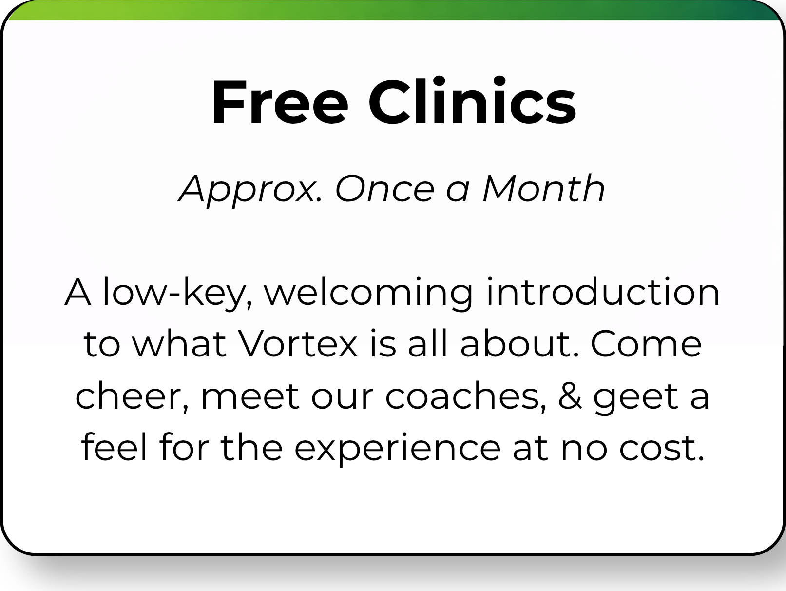 Sign advertising free clinics once a month, welcoming introduction to vortex therapy, encouraging attendees to meet coaches and experience at no cost.