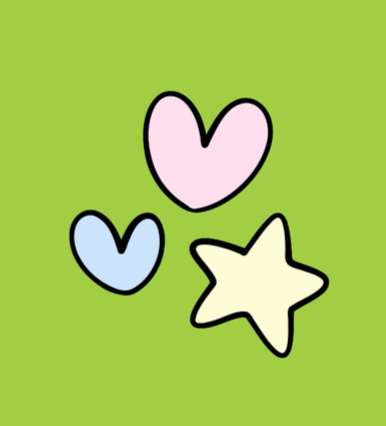 Three colorful cartoon hearts and a star on a green background.