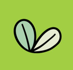 Simple drawing of two stylized leaves on a green background.