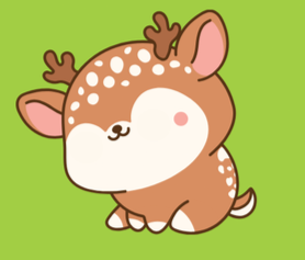 Cartoon of a cute deer with small antlers and white spots, sitting on a green background.