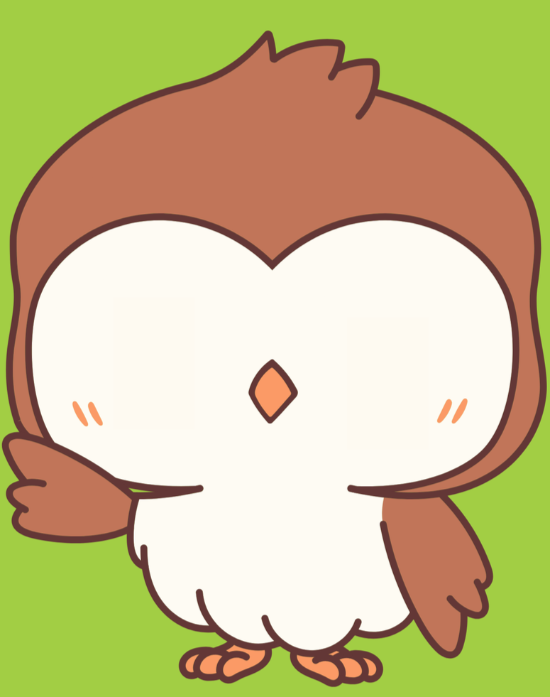 Cartoon owl with closed eyes and a small smile. The owl has brown feathers with a white face, and is standing against a bright green background.