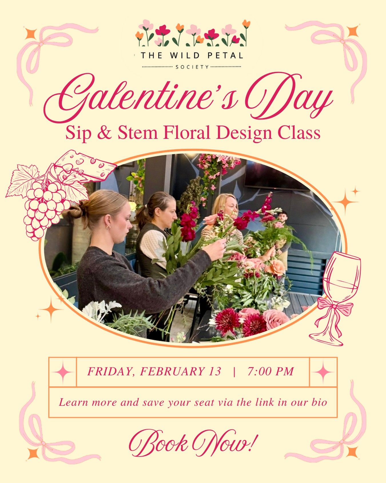 We have the BEST class planned for Galentine&rsquo;s Day🌸 Think: yummy cheese boards, a refreshing glass of wine, bold and lush flowers, and giggling with your favorite girlies 💕 There&rsquo;s only 20 seats, so book yours soon before we&rsquo;re so