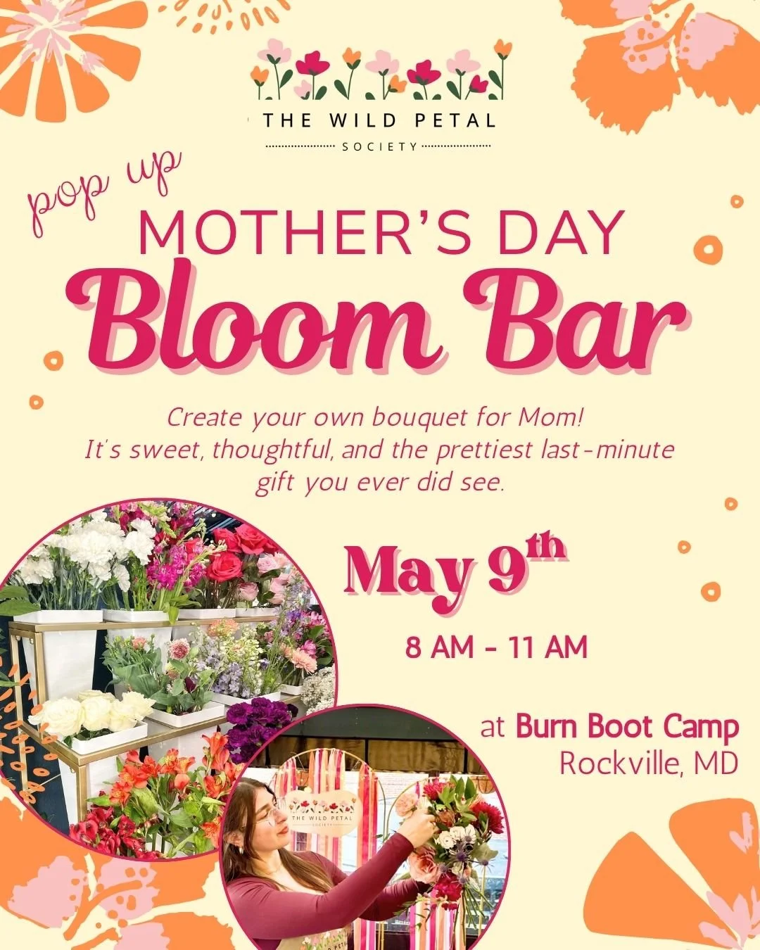 Mother's Day is ALMOST here 💕 Whether you're a mom who deserves to treat herself, or you remembered you're the reason mom pees a little when she laughs, we have flowers for you 🌸

We'll be at @burnbootcamprockvillemd Saturday, May 9th (the day befo