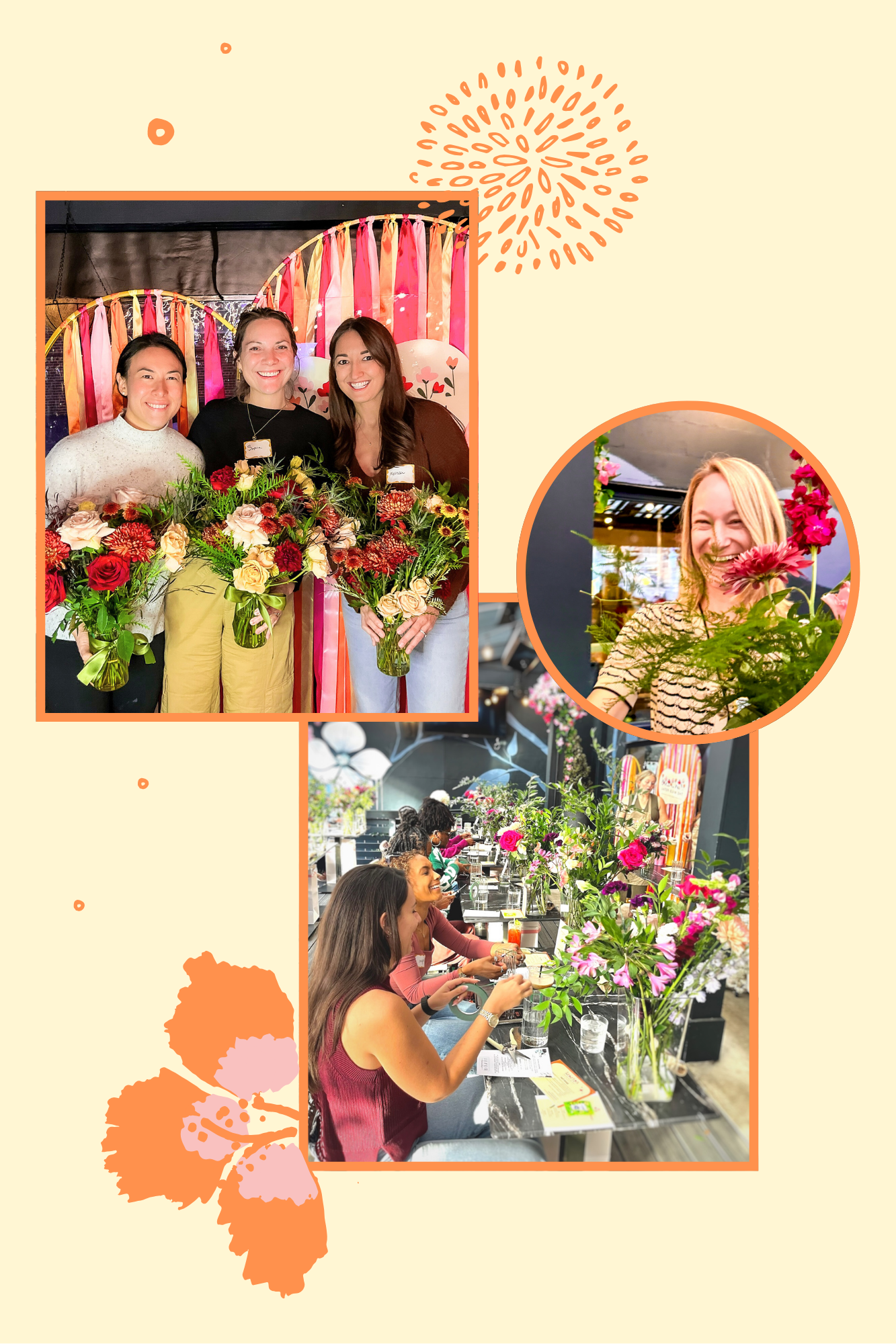 Guests holding bouquets they arranged at a Wild Petal Society pop-up flower workshop