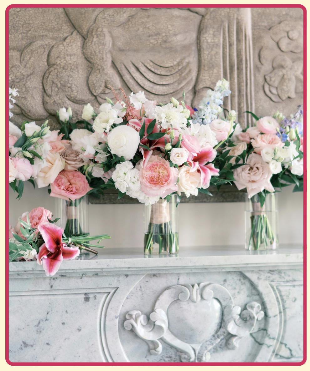 Bridal shower bouquets lined up on a mantel at a private Wild Petal Society flower event
