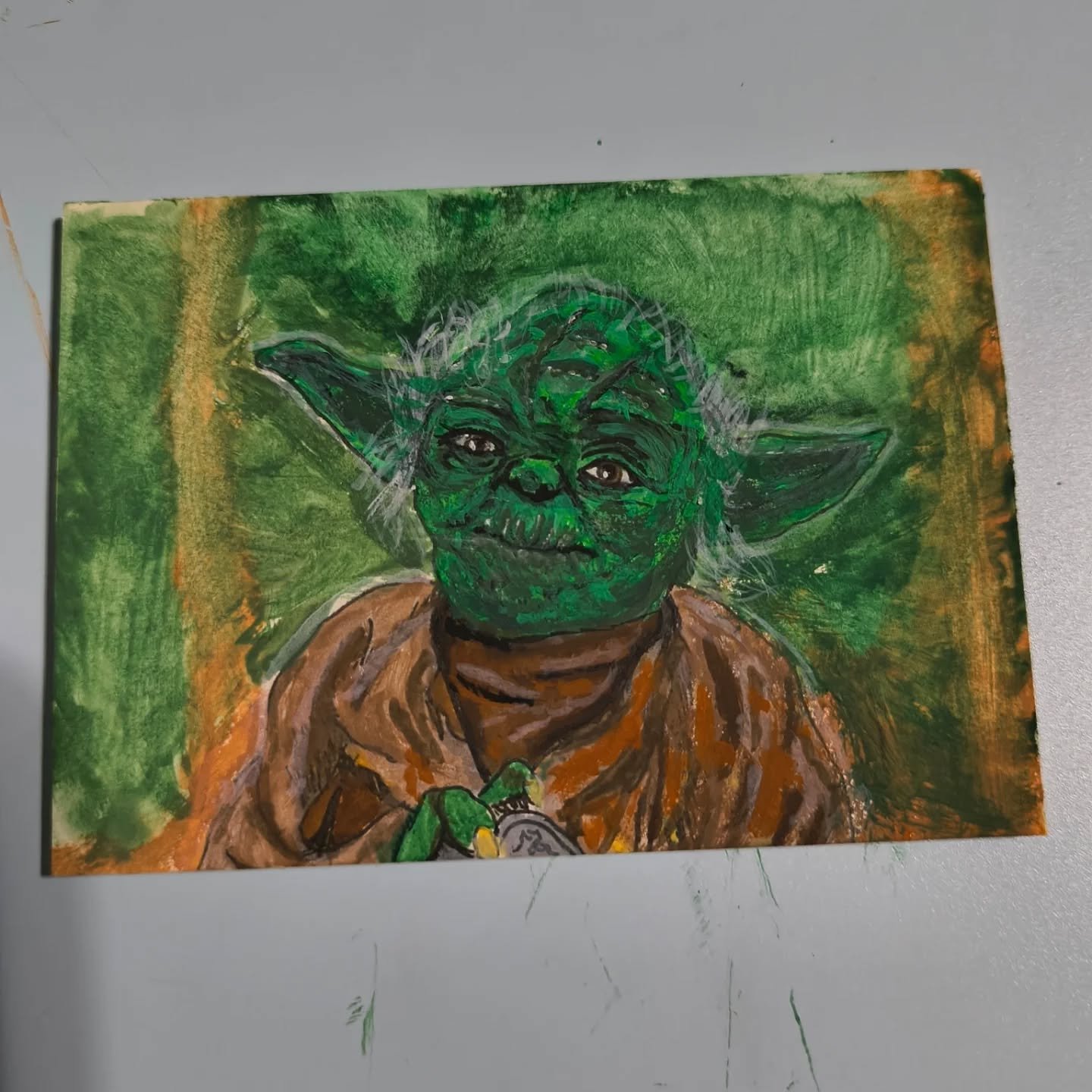 I have officially completed my 1st attempt at a gouache piece! 
I went with Yoda because I really wanted to paint those tiny little hairs on his head .. then I completely forgot them and had to add them in 🤣🤣
This is a 2.5&quot;x3.5&quot; Personal 