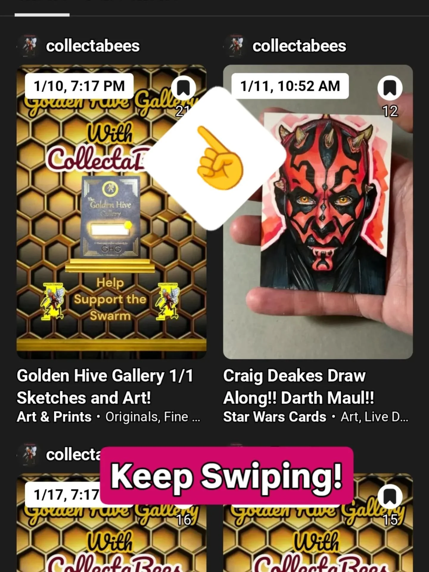 New GHG 5x7 art pieces for Saturday Night's Golden Hive Gallery show are LIVE! 
Here are the new 5x7s from Ash and Nena for this week!

@ashem9903 and @nena.arrt have sent some CRAZY GOOD 5x7 art pieces that are all listed up and ready for prebid! 

