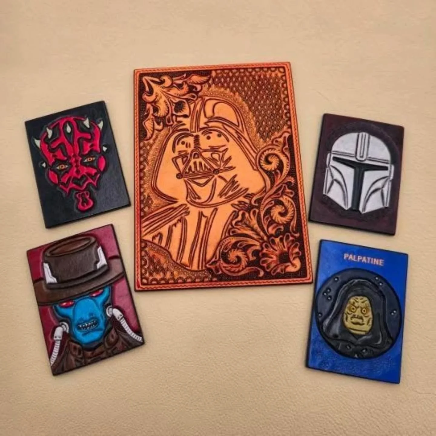 February 28th, 2026 at 7:17 pm est is our next Golden Hive Gallery show 🎊

I can promise that y'all are NOT ready for these 1/1 LEATHER cards by @kindvall_customs /@thechevyguycollection

This Vader is a 5x7 and the rest are standard sized 2.5x3.5 c