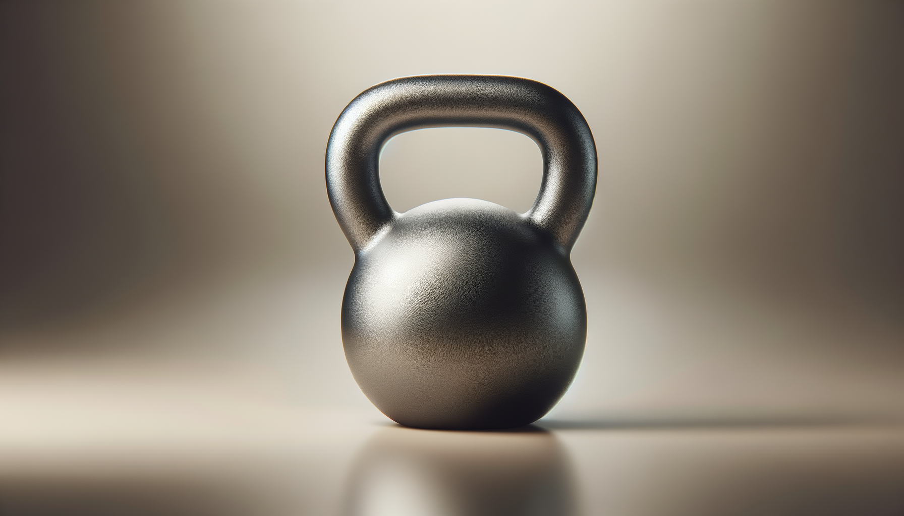 A metallic kettlebell with a smooth surface, placed on a surface with a blurred neutral background.