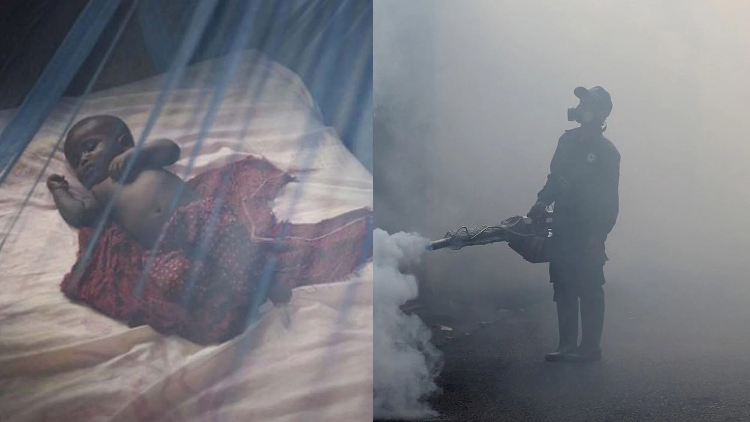 A baby lying in a crib on the left side and a person wearing a gas mask and uniform using a fogging machine on the right side.