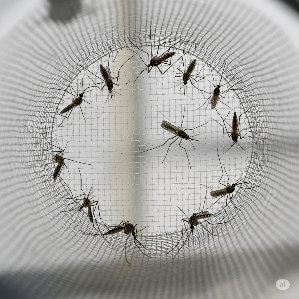 Inside a mesh trap with several mosquitoes caught inside.