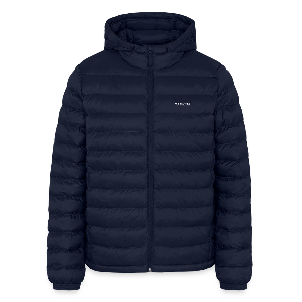 Navyblå dunjakke med lynlås og hætte, mærket Yasmina.