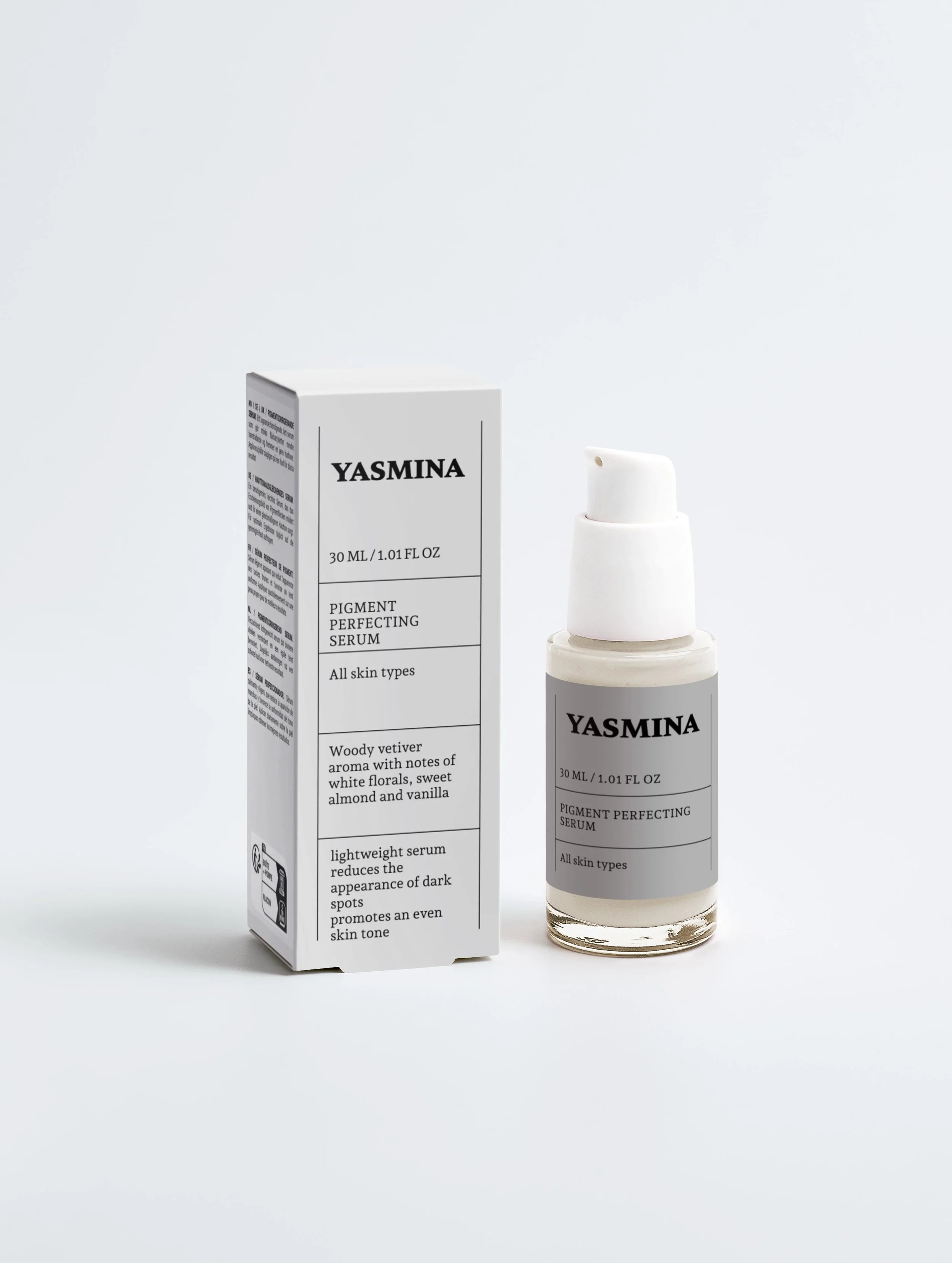 Serum og dets emballage på hvid baggrund.