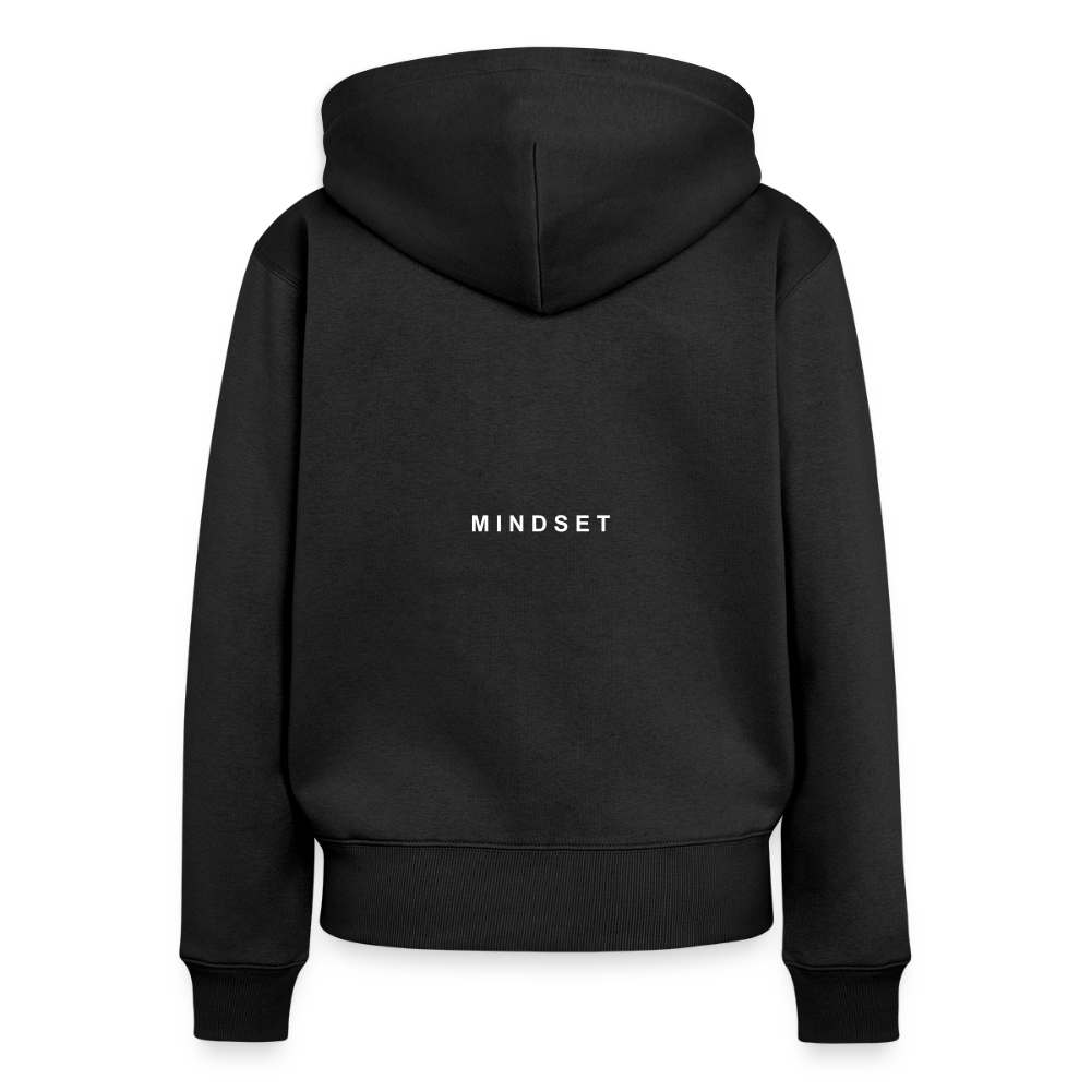 Sort hoodie med teksten 'MINDSET.' på forsiden, isoleret på sort baggrund.