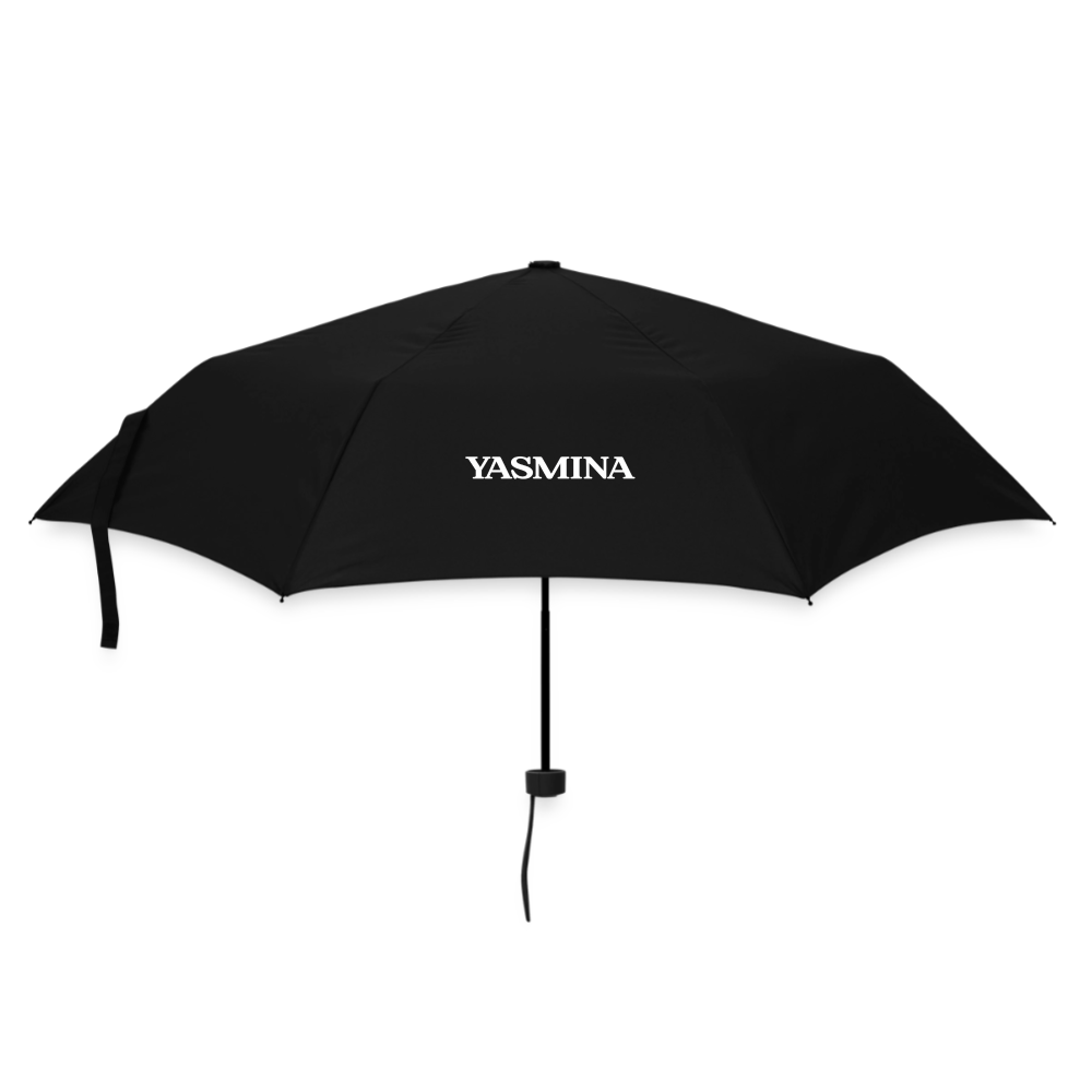 Sort parasol med navnet YASMINA skrevet på den