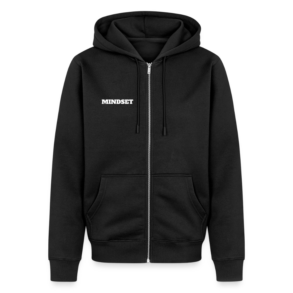 Sort hoodie med teksten 'MINDSET.' på forsiden, isoleret på sort baggrund.
