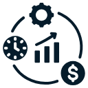 Business analytics icon with clock, bar chart, gear, and dollar sign