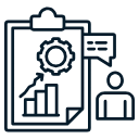 Icon of a clipboard with a gear, a speech bubble, a bar chart, and a person figure