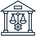 Outline of a courthouse with scales of justice hanging in front