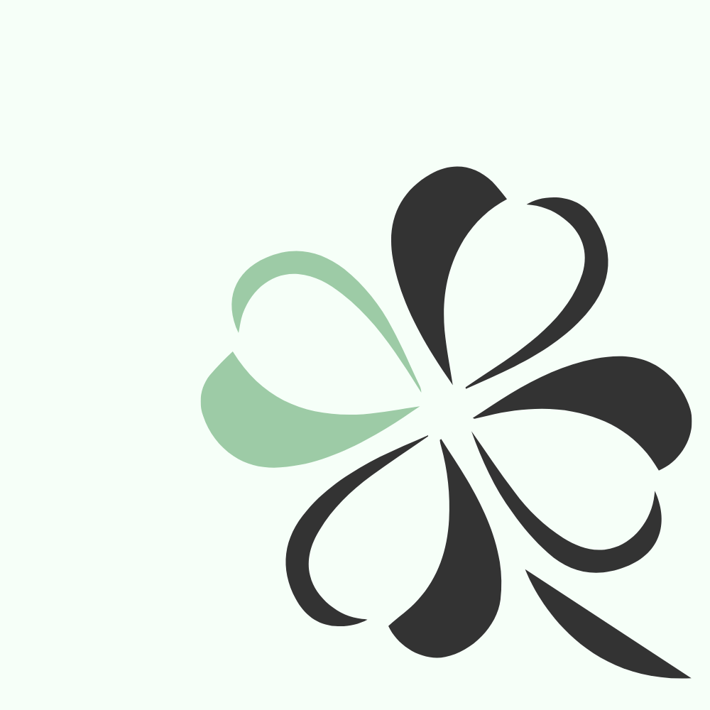 Stylized black and green flower with five petals on a light background.