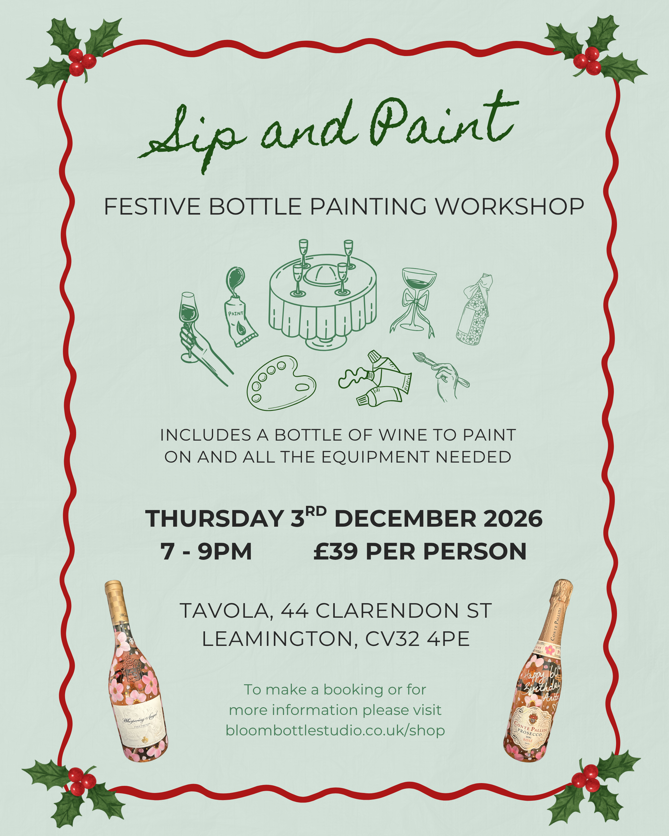 Christmas Bottle Painting Workshop - Tavola, Leamington Spa 3rd December