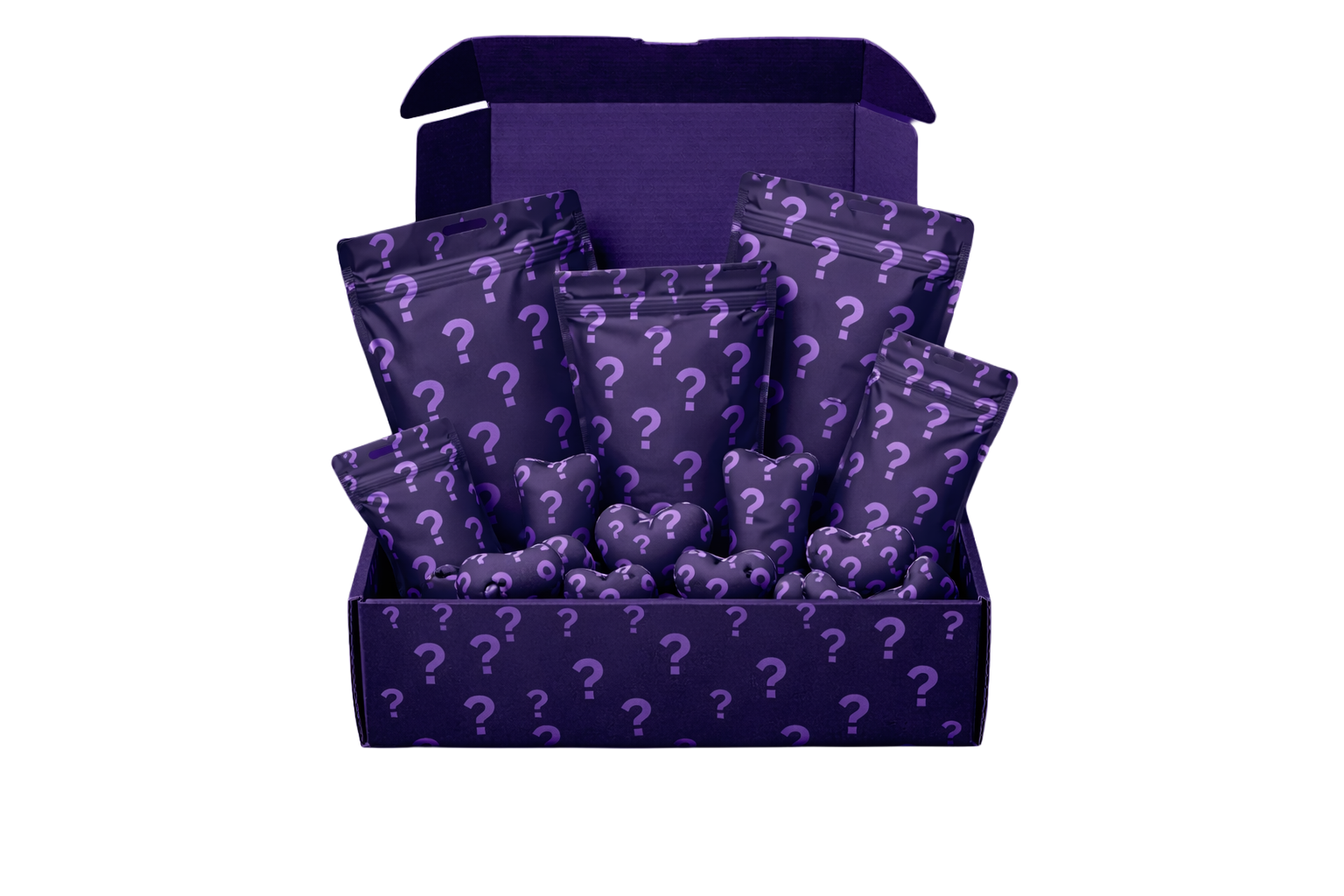 A box containing various packages and objects wrapped in purple packaging with question mark patterns.