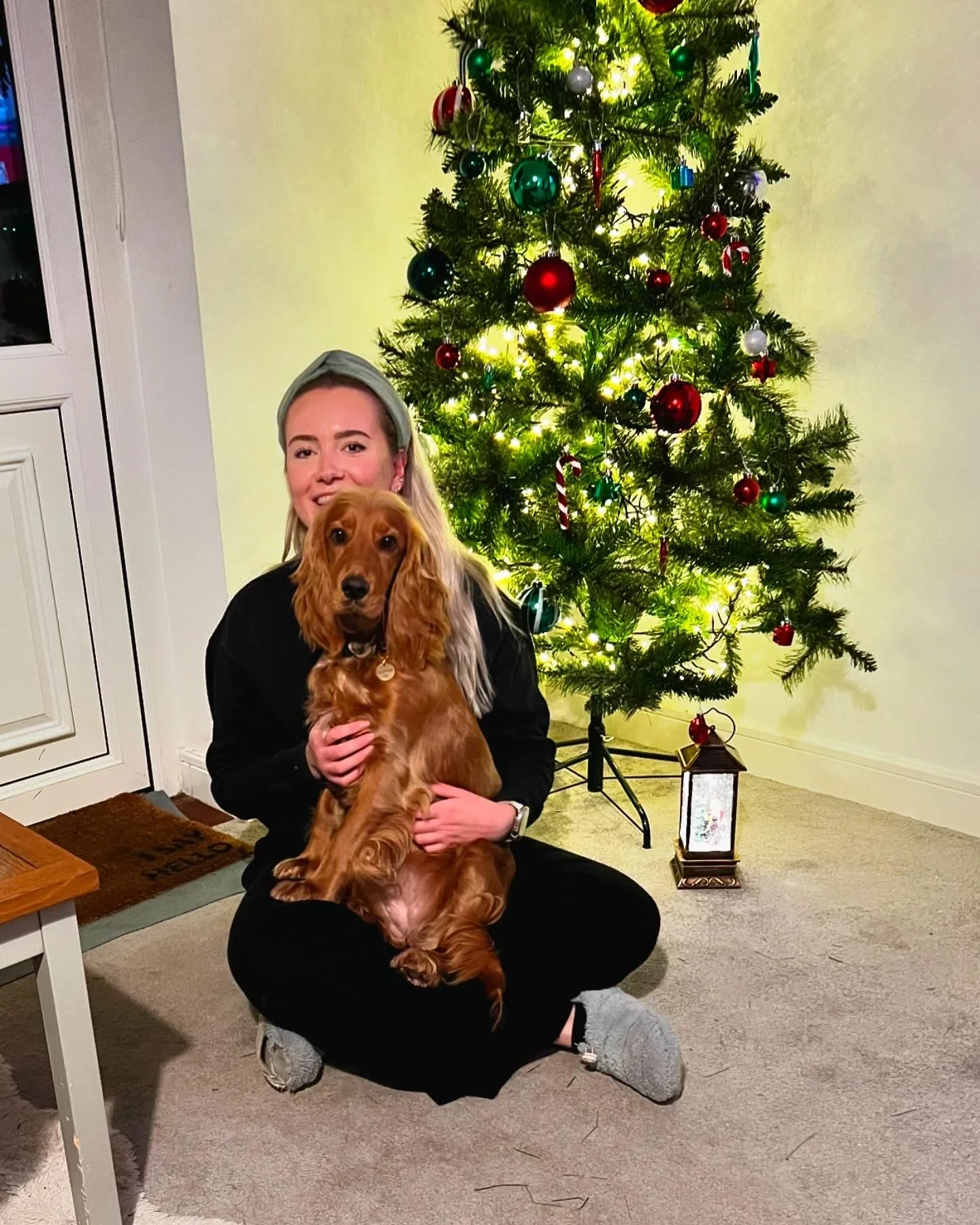 A woman with blonde hair and wearing a gray headband sits on the floor, holding a brown cocker spaniel dog in front of a decorated Christmas tree with lights and ornaments.